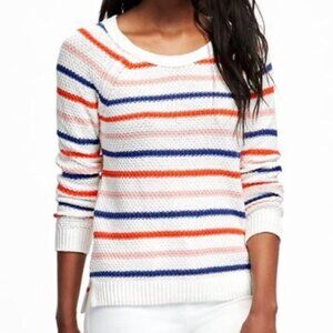 OLD NAVY Textured Crew Neck Sweater White ish Red Pink Blue Striped Chunky Knit